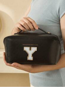 Bolsa de cosméticos de piel sintética impermeable, con bolsa de almacenamiento de cosméticos con letra, bolsa de cosméticos de gran capacidad y de doble capa, bolsa de mujer multifuncional para viajes, neceser, organización y almacenamiento de cosméticos, organización y almacenamiento del baño, esenciales para viajes, esenciales para cruceros, accesorios de viaje, almacenamiento de baño, almacenamiento de joyas, almacenamiento de labiales, almacenamiento de esmaltes de uñas, regalo de Pascua, regalo para dama de honor, regalo del Día de la Madre
