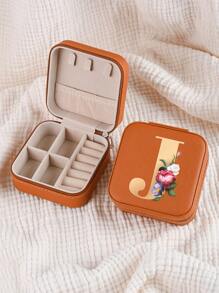 1pc Mini Floral Alphabet Jewelry Storage Box, A-Z Gold Letters, Portable Zipper Travel Jewelry Storage Box, Gift Box For Women, Multi-Function Jewelry Display Stand For Rings, Pendants, Earrings, Necklaces, Etc. - Suitable For Women, Mother, Girlfriend, Valentine's Day Gift Box.