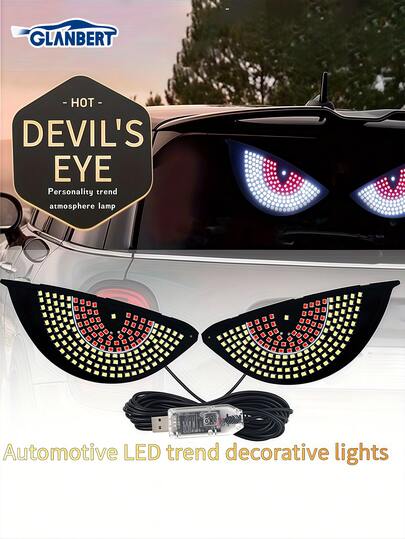 GLANBERT 2 piezas Barra de luces LED con diseño de ojo de demonio - Alimentación por USB, ultradelgada y flexible, diseño rojo, azul/rojo y blanco, que refuerza el estilo todoterreno, luces decorativas modificadas con múltiples modos de iluminación.