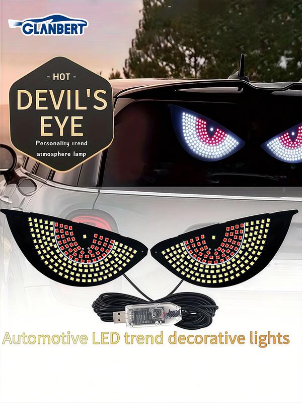 GLANBERT 2 piezas Barra de luces LED con diseño de ojo de demonio - Alimentación por USB, ultradelgada y flexible, diseño rojo, azul/rojo y blanco, que refuerza el estilo todoterreno, luces decorativas modificadas con múltiples modos de iluminación.