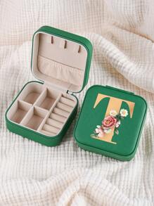 1pc Mini Floral Alphabet Jewelry Storage Box, A-Z Gold Letters, Portable Zipper Travel Jewelry Storage Box, Gift Box For Women, Multi-Function Jewelry Display Stand For Rings, Pendants, Earrings, Necklaces, Etc. - Suitable For Women, Mother, Girlfriend, Valentine's Day Gift Box.
