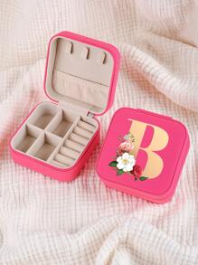 1pc Mini Floral Alphabet Jewelry Storage Box, A-Z Gold Letters, Portable Zipper Travel Jewelry Storage Box, Gift Box For Women, Multi-Function Jewelry Display Stand For Rings, Pendants, Earrings, Necklaces, Etc. - Suitable For Women, Mother, Girlfriend, Valentine's Day Gift Box.