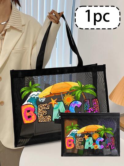 Black Mesh Tote And Small Bag Set With Beach Style Colorful Letter Print Design, Portable Cosmetic Bag, Beach Bag, Transparent Storage Bag, Skin Care Bag, Toiletry Bag, Women'S Beach Handbag, Wedding Bridesmaid Gift, Mother Gift, Birthday Gift, Best Gift For Friends And Teachers, Bathroom Storage Box, Jewelry Storage Box, Lip Oil Storage Box, Nail Polish Storage Box, Must-Have For Back To School Season And Graduation Season, Best Teacher Day Gift For Women, Summer