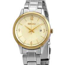 Seiko Reloj de cuarzo para mujer Seiko, esfera dorada, caja y pulsera de acero inoxidable, estilo de negocios, adecuado para uso diario, modelo SXDH04P1, resistente al agua 100M