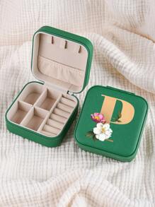 1pc Mini Floral Alphabet Jewelry Storage Box, A-Z Gold Letters, Portable Zipper Travel Jewelry Storage Box, Gift Box For Women, Multi-Function Jewelry Display Stand For Rings, Pendants, Earrings, Necklaces, Etc. - Suitable For Women, Mother, Girlfriend, Valentine's Day Gift Box.