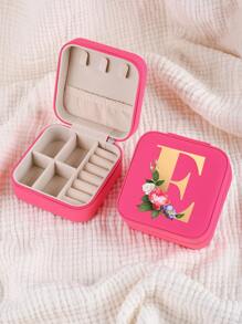 1pc Mini Floral Alphabet Jewelry Storage Box, A-Z Gold Letters, Portable Zipper Travel Jewelry Storage Box, Gift Box For Women, Multi-Function Jewelry Display Stand For Rings, Pendants, Earrings, Necklaces, Etc. - Suitable For Women, Mother, Girlfriend, Valentine's Day Gift Box.
