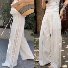 Damen lässige französische Art unifarbene Spitze Patchwork Ausschnitt lang Hosen