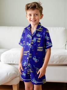 2 件套青少年男孩电子游戏睡衣套装，简约时尚