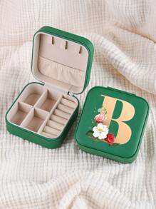 1pc Mini Floral Alphabet Jewelry Storage Box, A-Z Gold Letters, Portable Zipper Travel Jewelry Storage Box, Gift Box For Women, Multi-Function Jewelry Display Stand For Rings, Pendants, Earrings, Necklaces, Etc. - Suitable For Women, Mother, Girlfriend, Valentine's Day Gift Box.