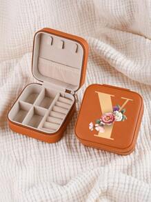 1pc Mini Floral Alphabet Jewelry Storage Box, A-Z Gold Letters, Portable Zipper Travel Jewelry Storage Box, Gift Box For Women, Multi-Function Jewelry Display Stand For Rings, Pendants, Earrings, Necklaces, Etc. - Suitable For Women, Mother, Girlfriend, Valentine's Day Gift Box.