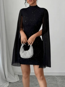 Vestido de capa ajustada con cuello mao de unicolor - Negro - Ver 7