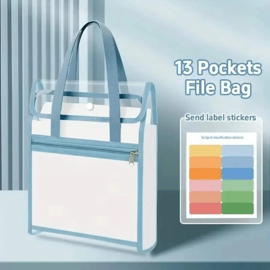 Vertical File Organizer Bag,Extended Waterproof Folder,13 Pockets Large Capacity Binder Pocket Organizer, Folders,Portable Transparent File Pouch With Handle Snap Button - 棕色 - 查看 1