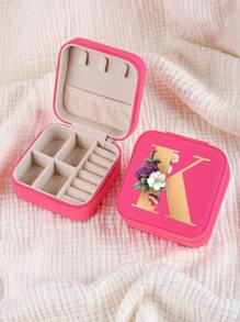 1pc Mini Floral Alphabet Jewelry Storage Box, A-Z Gold Letters, Portable Zipper Travel Jewelry Storage Box, Gift Box For Women, Multi-Function Jewelry Display Stand For Rings, Pendants, Earrings, Necklaces, Etc. - Suitable For Women, Mother, Girlfriend, Valentine's Day Gift Box.
