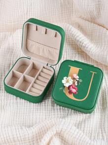 1pc Mini Floral Alphabet Jewelry Storage Box, A-Z Gold Letters, Portable Zipper Travel Jewelry Storage Box, Gift Box For Women, Multi-Function Jewelry Display Stand For Rings, Pendants, Earrings, Necklaces, Etc. - Suitable For Women, Mother, Girlfriend, Valentine's Day Gift Box.