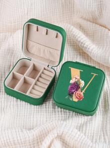 1pc Mini Floral Alphabet Jewelry Storage Box, A-Z Gold Letters, Portable Zipper Travel Jewelry Storage Box, Gift Box For Women, Multi-Function Jewelry Display Stand For Rings, Pendants, Earrings, Necklaces, Etc. - Suitable For Women, Mother, Girlfriend, Valentine's Day Gift Box.