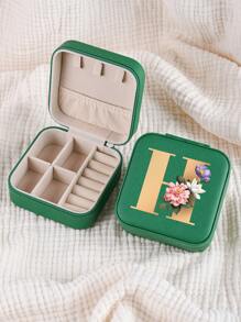 1pc Mini Floral Alphabet Jewelry Storage Box, A-Z Gold Letters, Portable Zipper Travel Jewelry Storage Box, Gift Box For Women, Multi-Function Jewelry Display Stand For Rings, Pendants, Earrings, Necklaces, Etc. - Suitable For Women, Mother, Girlfriend, Valentine's Day Gift Box.