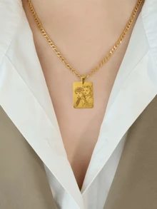 Personalized Photo Engraved Necklace, Custom Photo Engraving, 18K Stainless Steel Necklace, Gold/Silver Portrait Pendant, Personalized Family/Pet Jewelry, Perfect Gift - Multicolor-figaro Chain - View 2