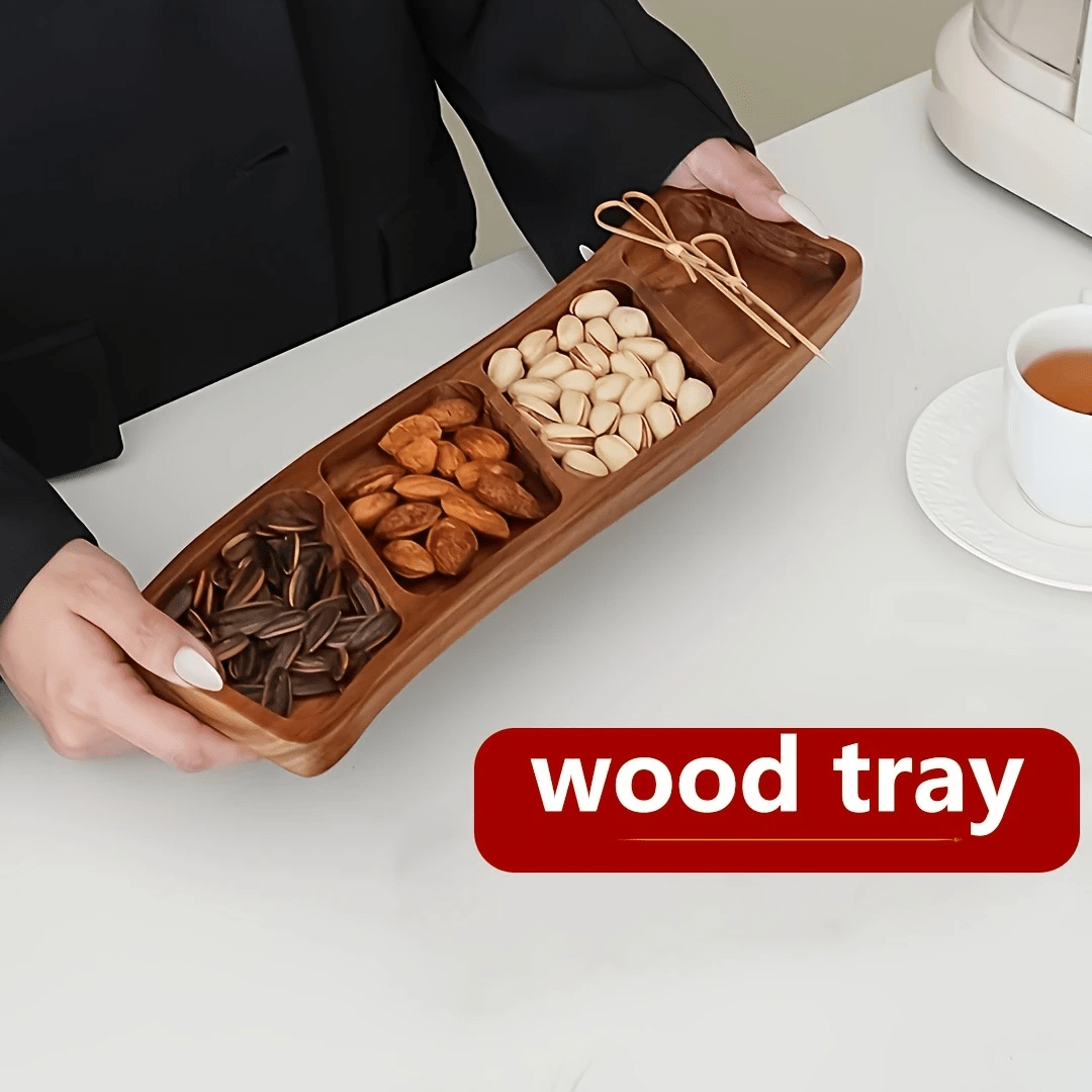 1pc Wooden Tray With 4 Compartments - Fish Tail Style Charcuterie Board For Meat, Cheese, Nuts And Fruits - Multifunctional Snack Tray For Appetizers, Desserts And Kitchen Decor, Food-Safe Wooden Platter, Tea Party Tray, Elegant Wooden Serving Tray