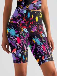 1pc Women's High Waist Butt Lifting Compression Biker Shorts, Yoga Shorts, Running Shorts, Gym Fitness Wear, Splatter Pattern Design, Suitable For Gym, Pilates, Yoga, Outdoor Sports, Running, Cycling, Soccer, Softball, Football, Tennis, Badminton - Lavender/Yellow - View 4