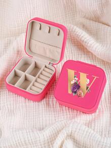1pc Mini Floral Alphabet Jewelry Storage Box, A-Z Gold Letters, Portable Zipper Travel Jewelry Storage Box, Gift Box For Women, Multi-Function Jewelry Display Stand For Rings, Pendants, Earrings, Necklaces, Etc. - Suitable For Women, Mother, Girlfriend, Valentine's Day Gift Box.