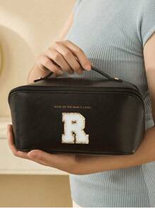Bolsa de cosméticos de piel sintética impermeable, con bolsa de almacenamiento de cosméticos con letra, bolsa de cosméticos de gran capacidad y de doble capa, bolsa de mujer multifuncional para viajes, neceser, organización y almacenamiento de cosméticos, organización y almacenamiento del baño, esenciales para viajes, esenciales para cruceros, accesorios de viaje, almacenamiento de baño, almacenamiento de joyas, almacenamiento de labiales, almacenamiento de esmaltes de uñas, regalo de Pascua, regalo para dama de honor, regalo del Día de la Madre