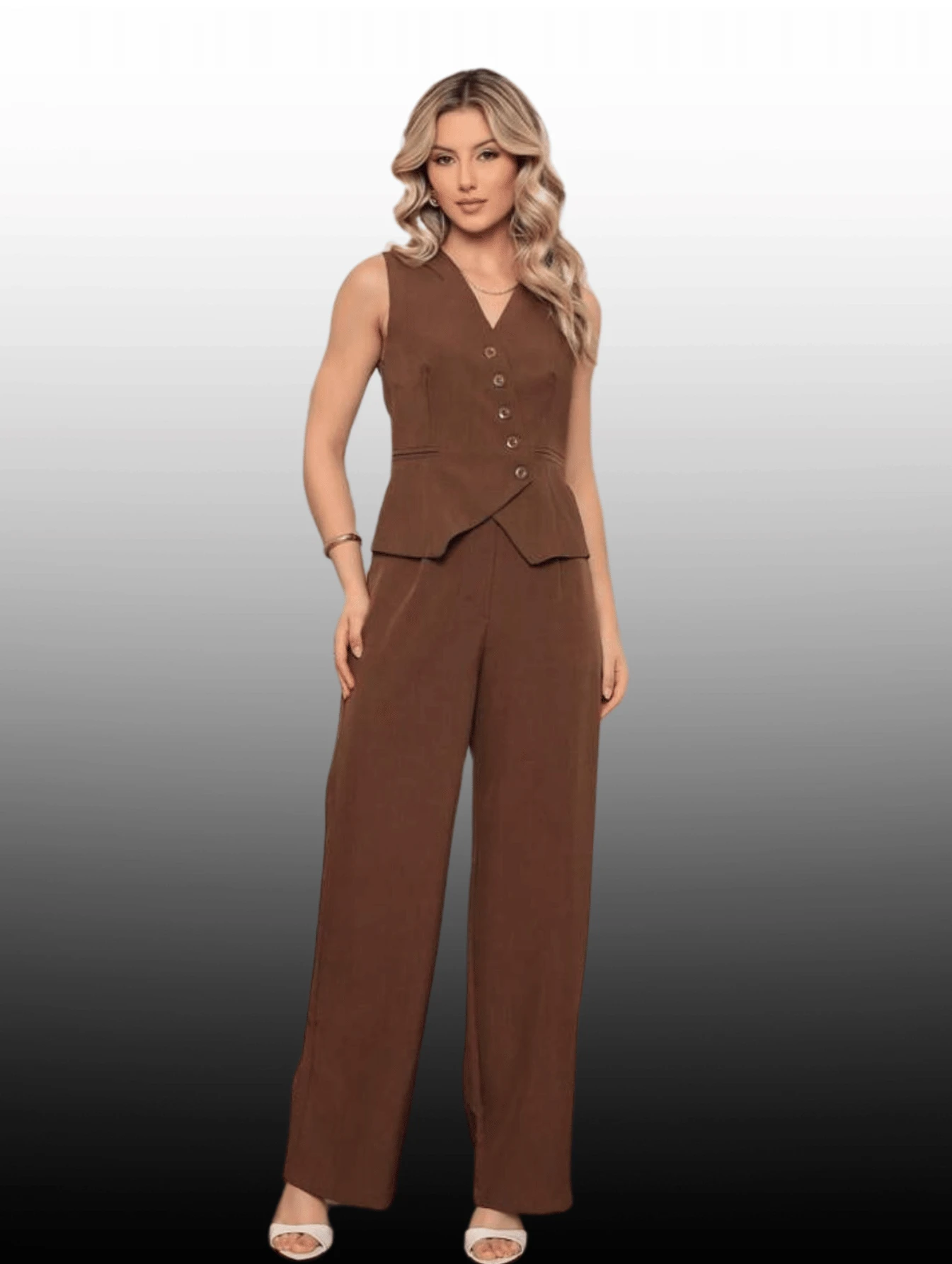 Women's Tailored Set Laria Vertical Vest With Long Trousers - Coffee Brown - View 1