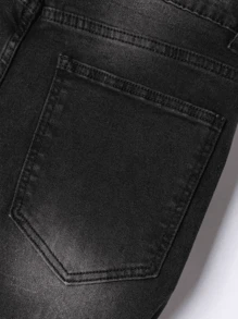1pc Men's Slim Fit Distressed Black Straight Leg Casual Jeans, Elastic, With Pockets, Breathable, Suitable For City Walking, Family, Outdoor Activities, All Season