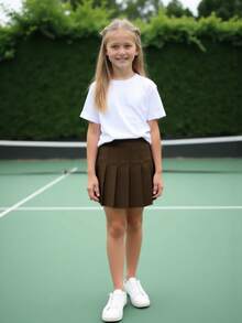 2pcs/Set Tween Girl Collegiate Style White & Brown Pleated Skirt Set - Multicolor - View 4