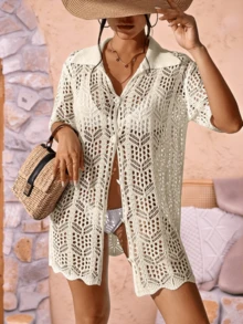 LanaWest 夏日海滩镂空纽扣前开和服 - 杏色 - 查看 1