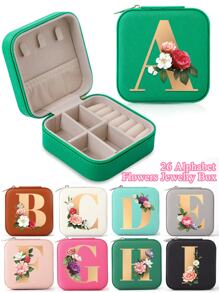 1pc Mini Floral Alphabet Jewelry Storage Box, A-Z Gold Letters, Portable Zipper Travel Jewelry Storage Box, Gift Box For Women, Multi-Function Jewelry Display Stand For Rings, Pendants, Earrings, Necklaces, Etc. - Suitable For Women, Mother, Girlfriend, Valentine's Day Gift Box.
