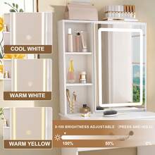 23.62" Modern Mini Dressing Table With LED-Lit Mirror & Hidden Storage,Includes Padded Stool, Adjustable Brightness Vanity Desk, Multi-Tier Dust-Proof Shelves,White - 美規A型插(110-127V) - 查看 2