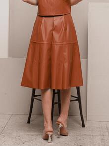 FLARE SPORT LEATHER MIDI SKIRT WITH CUT-OUT DETAIL - Rust Brown - View 2