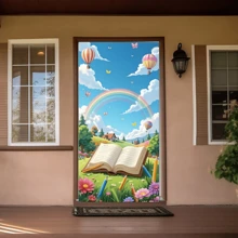 1pc Magical Storybook Polyester Backdrop - Whimsical Rainbow, Hot Air Balloons And Floral Meadow For Room Decoration/Photography, Art Inspired Playmat Without Electricity