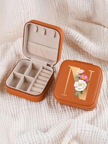 1pc Mini Floral Alphabet Jewelry Storage Box, A-Z Gold Letters, Portable Zipper Travel Jewelry Storage Box, Gift Box For Women, Multi-Function Jewelry Display Stand For Rings, Pendants, Earrings, Necklaces, Etc. - Suitable For Women, Mother, Girlfriend, Valentine's Day Gift Box.