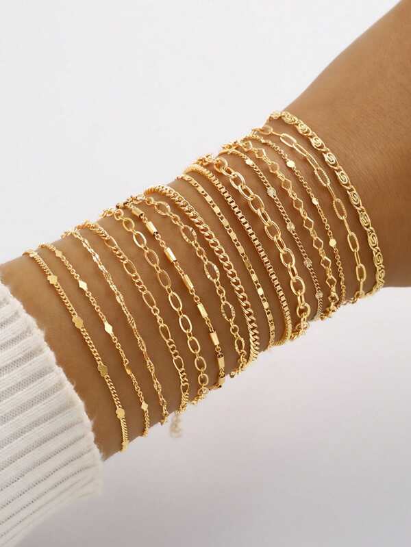 16 Stücke einfaches Ketten-Armband Set, Basic Alltagstrageart & Party Accessoire Geschenk für Freundin & Freunde