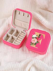 1pc Mini Floral Alphabet Jewelry Storage Box, A-Z Gold Letters, Portable Zipper Travel Jewelry Storage Box, Gift Box For Women, Multi-Function Jewelry Display Stand For Rings, Pendants, Earrings, Necklaces, Etc. - Suitable For Women, Mother, Girlfriend, Valentine's Day Gift Box.