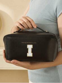 Bolsa de cosméticos de piel sintética impermeable, con bolsa de almacenamiento de cosméticos con letra, bolsa de cosméticos de gran capacidad y de doble capa, bolsa de mujer multifuncional para viajes, neceser, organización y almacenamiento de cosméticos, organización y almacenamiento del baño, esenciales para viajes, esenciales para cruceros, accesorios de viaje, almacenamiento de baño, almacenamiento de joyas, almacenamiento de labiales, almacenamiento de esmaltes de uñas, regalo de Pascua, regalo para dama de honor, regalo del Día de la Madre