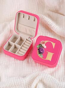1pc Mini Floral Alphabet Jewelry Storage Box, A-Z Gold Letters, Portable Zipper Travel Jewelry Storage Box, Gift Box For Women, Multi-Function Jewelry Display Stand For Rings, Pendants, Earrings, Necklaces, Etc. - Suitable For Women, Mother, Girlfriend, Valentine's Day Gift Box.