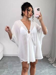 Elenzga 夏季沙滩环扣蝙蝠袖休闲罩衫 - 白色 - 查看 1