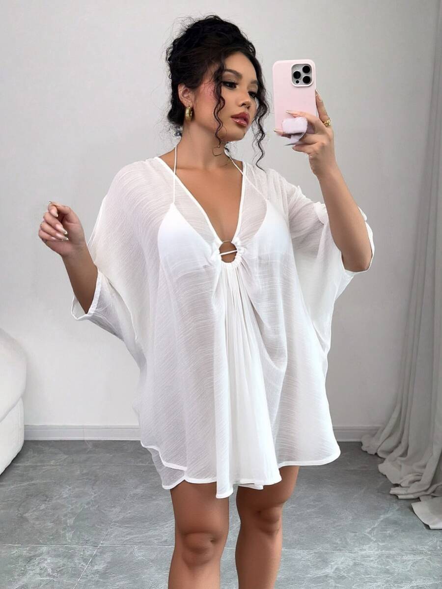 Elenzga 夏季沙滩环扣蝙蝠袖休闲罩衫 - 白色 - 查看 1