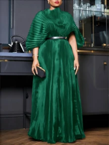 GLOURI Naija Style Black Pleated Maxi Dress - Elegant Mesh Formal Gown With Stretchy Maternity Waist, Nigerian Wedding Guest Dress For Photoshoots/Birthday Parties/African Events (Long Sleeve) - 綠色 - 查看 2