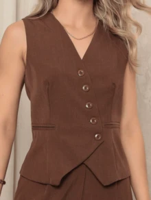 Women's Tailored Set Laria Vertical Vest With Long Trousers - Coffee Brown - View 3