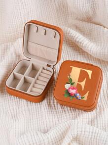 1pc Mini Floral Alphabet Jewelry Storage Box, A-Z Gold Letters, Portable Zipper Travel Jewelry Storage Box, Gift Box For Women, Multi-Function Jewelry Display Stand For Rings, Pendants, Earrings, Necklaces, Etc. - Suitable For Women, Mother, Girlfriend, Valentine's Day Gift Box.