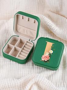 1pc Mini Floral Alphabet Jewelry Storage Box, A-Z Gold Letters, Portable Zipper Travel Jewelry Storage Box, Gift Box For Women, Multi-Function Jewelry Display Stand For Rings, Pendants, Earrings, Necklaces, Etc. - Suitable For Women, Mother, Girlfriend, Valentine's Day Gift Box.
