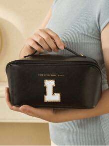 Bolsa de cosméticos de piel sintética impermeable, con bolsa de almacenamiento de cosméticos con letra, bolsa de cosméticos de gran capacidad y de doble capa, bolsa de mujer multifuncional para viajes, neceser, organización y almacenamiento de cosméticos, organización y almacenamiento del baño, esenciales para viajes, esenciales para cruceros, accesorios de viaje, almacenamiento de baño, almacenamiento de joyas, almacenamiento de labiales, almacenamiento de esmaltes de uñas, regalo de Pascua, regalo para dama de honor, regalo del Día de la Madre