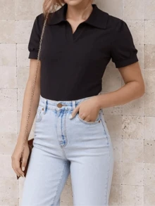 GIGOGOU 新款 Polo 夏季女士套装短袖 T 恤，女士休闲上衣 - 黑色 - 查看 4
