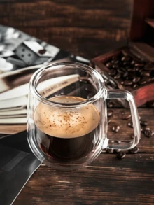 1 Piece (250ml/8oz) Double Glass Coffee Mug, Large Insulated Espresso Mug, Clear Glass With Handle, Cappuccino Mug, Latte Glassware, Coffee Accessories