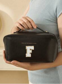 Bolsa de cosméticos de piel sintética impermeable, con bolsa de almacenamiento de cosméticos con letra, bolsa de cosméticos de gran capacidad y de doble capa, bolsa de mujer multifuncional para viajes, neceser, organización y almacenamiento de cosméticos, organización y almacenamiento del baño, esenciales para viajes, esenciales para cruceros, accesorios de viaje, almacenamiento de baño, almacenamiento de joyas, almacenamiento de labiales, almacenamiento de esmaltes de uñas, regalo de Pascua, regalo para dama de honor, regalo del Día de la Madre