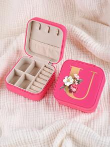 1pc Mini Floral Alphabet Jewelry Storage Box, A-Z Gold Letters, Portable Zipper Travel Jewelry Storage Box, Gift Box For Women, Multi-Function Jewelry Display Stand For Rings, Pendants, Earrings, Necklaces, Etc. - Suitable For Women, Mother, Girlfriend, Valentine's Day Gift Box.