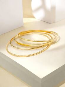 4 件套简约优雅复古圆形镂空花卉图案手链套装，百搭夏季度假时尚女士配饰 - 金色 - 查看 2